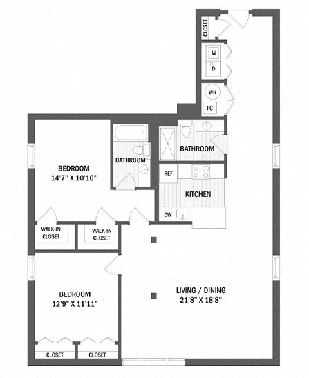 Floor plan for 2 beds, 2 baths, 1332 sqft